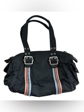 Franco Sarto Black Shoulder Tote with Multicolor Stripe Trim
